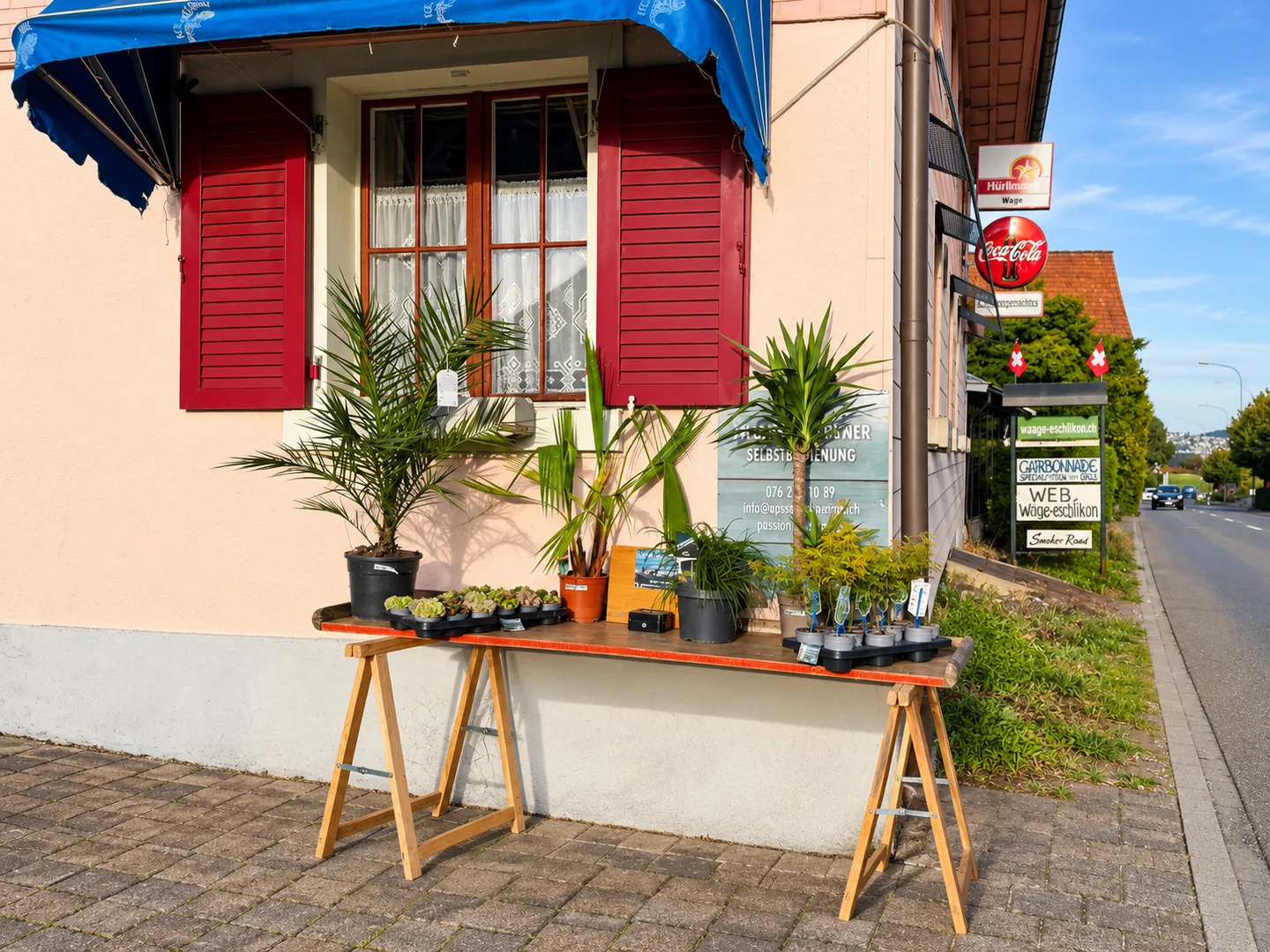 Selbstbedienungsstandort Eschlikon: Pflanzenstand vor dem Gebäude mit roten Fensterläden